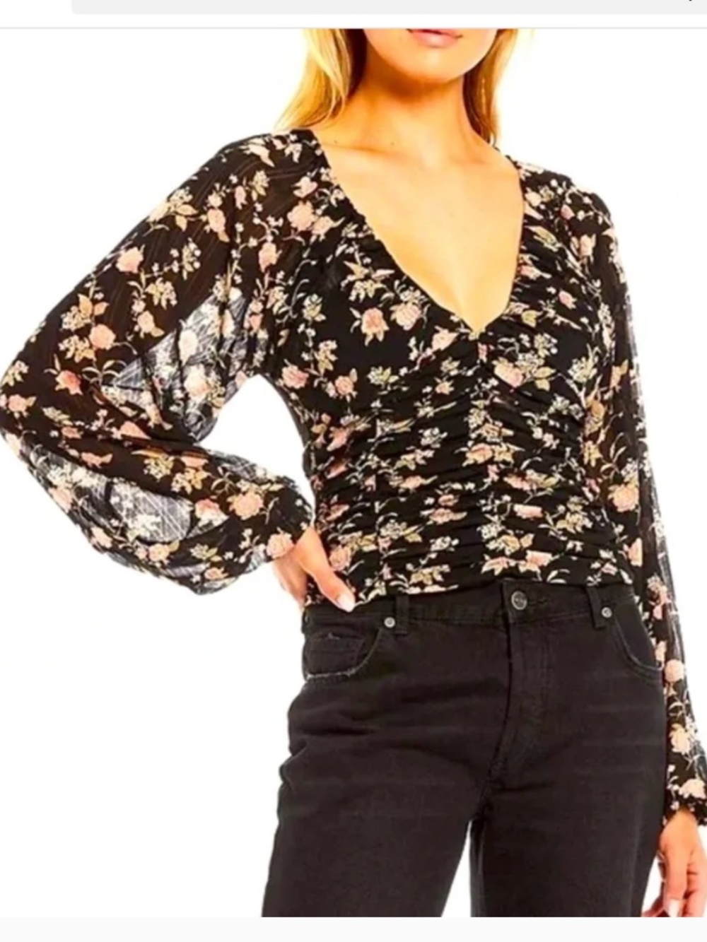 Free People Final Rose Black Floral Ruched Balloon Sleeve Blouse Sz XS